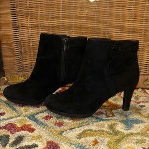 Clarks Black Suede Ankle Booties with Side Zip